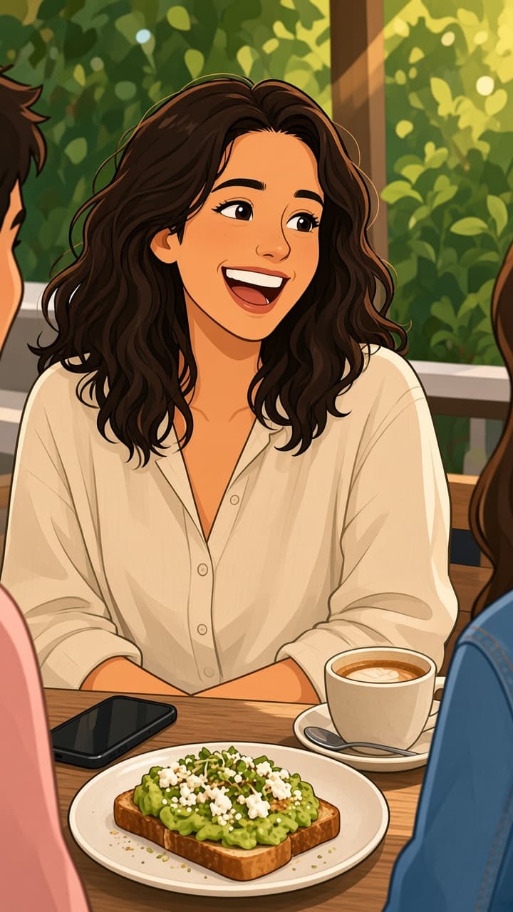 Maya laughing with two friends at an outdoor brunch table