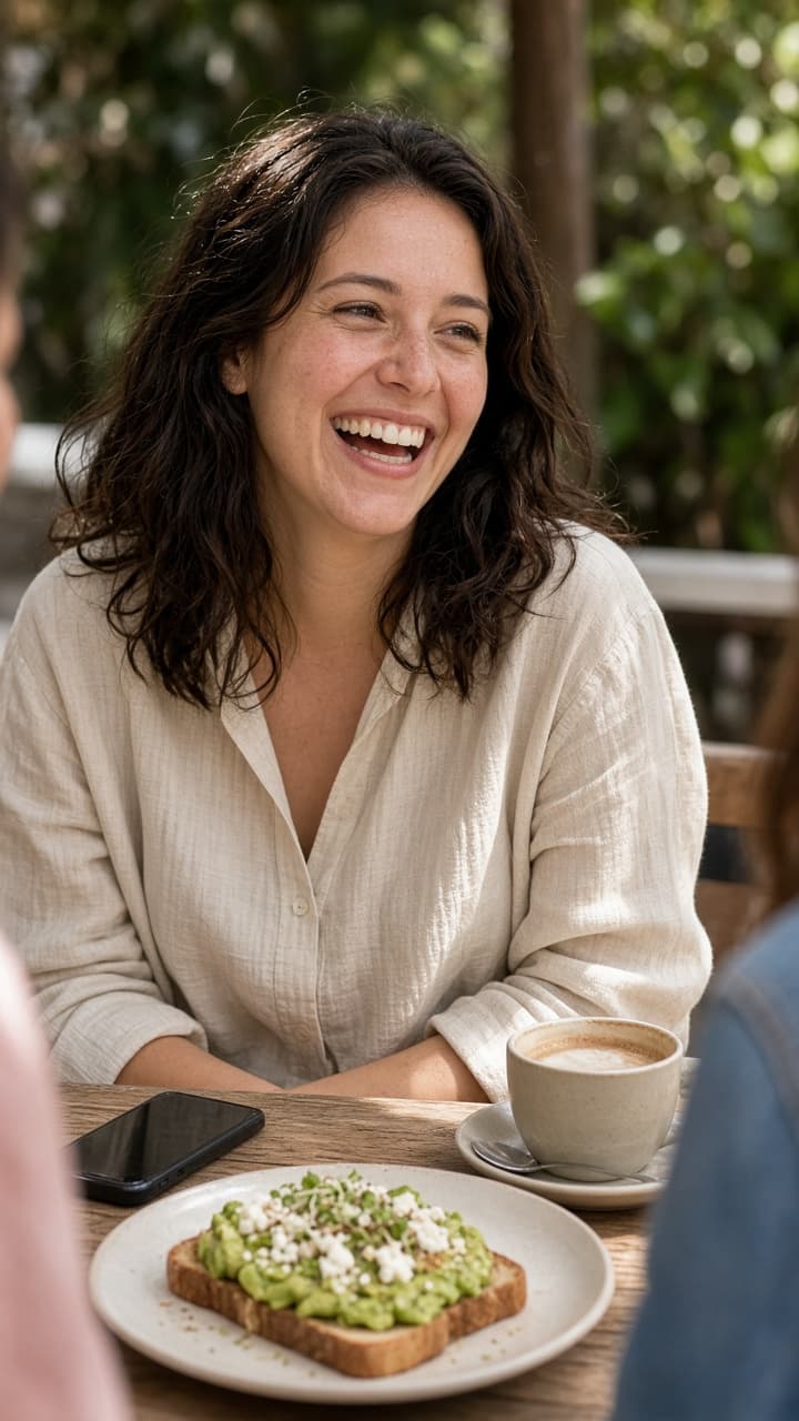 Maya laughing with two friends at an outdoor brunch table