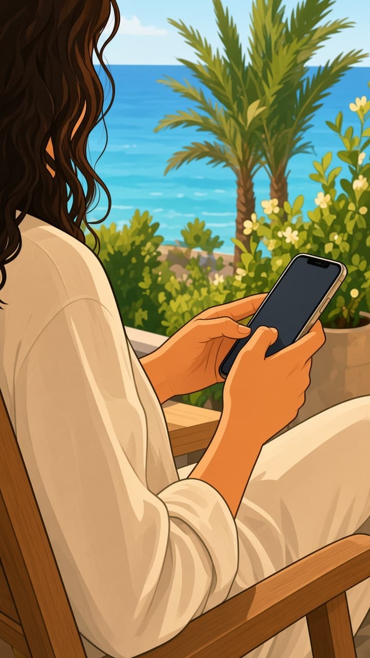 Maya's hands tapping send on her phone, a lounge chair and a sea view behind