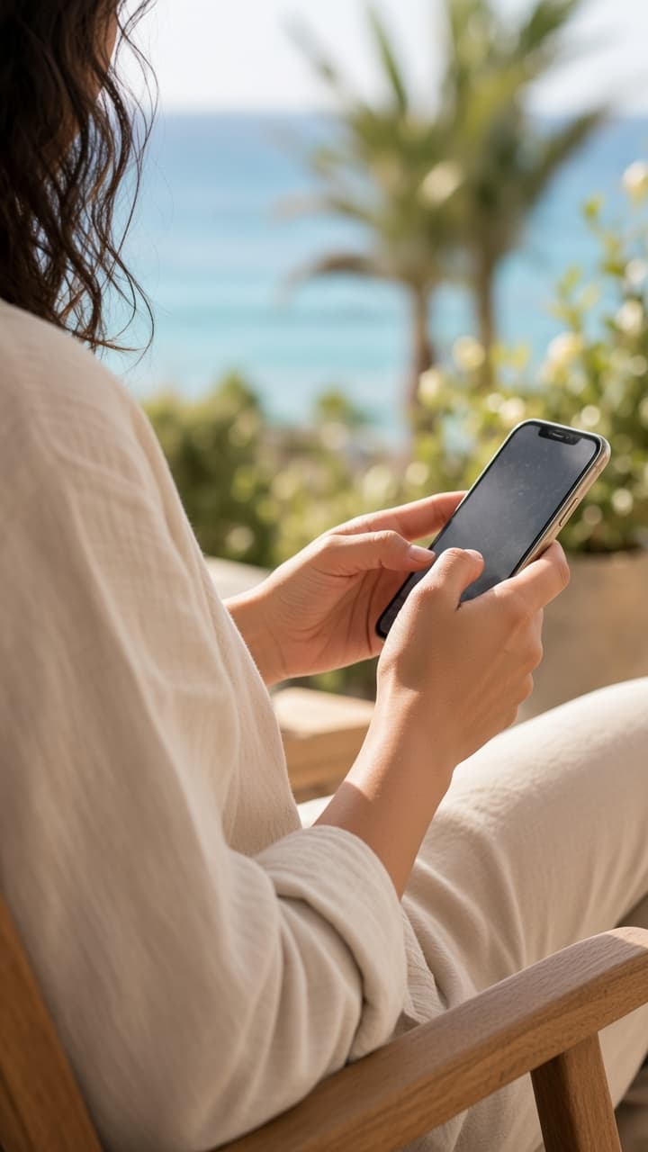 Maya's hands tapping send on her phone, a lounge chair and a sea view behind
