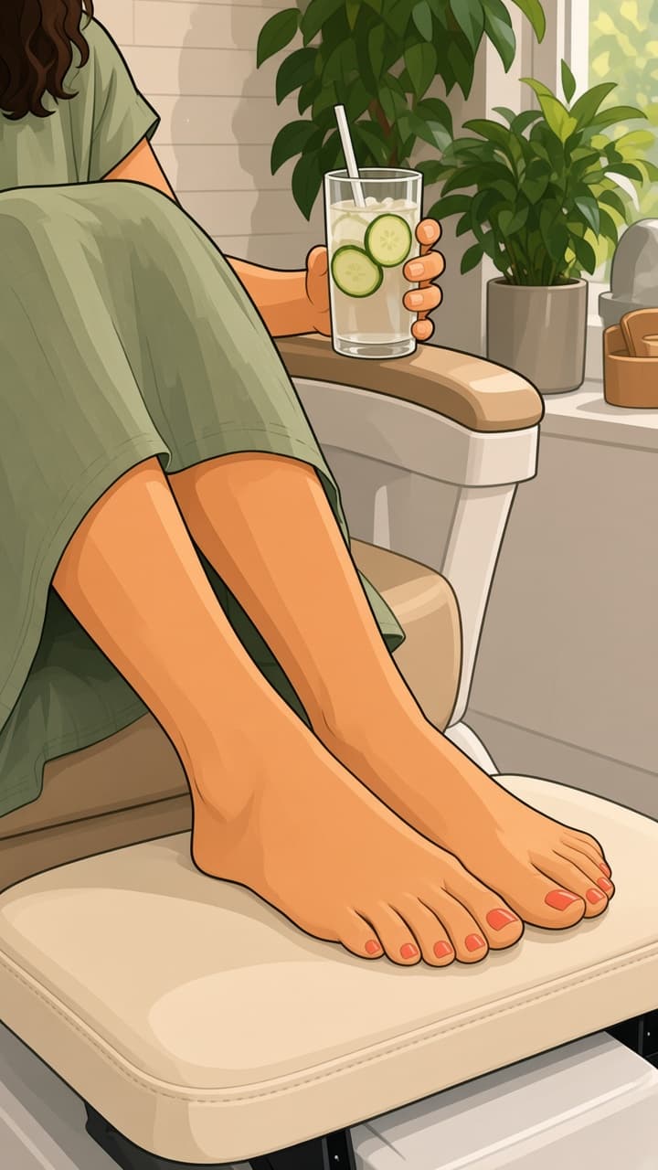 Freshly painted toenails resting on a pedicure footrest at a bright salon